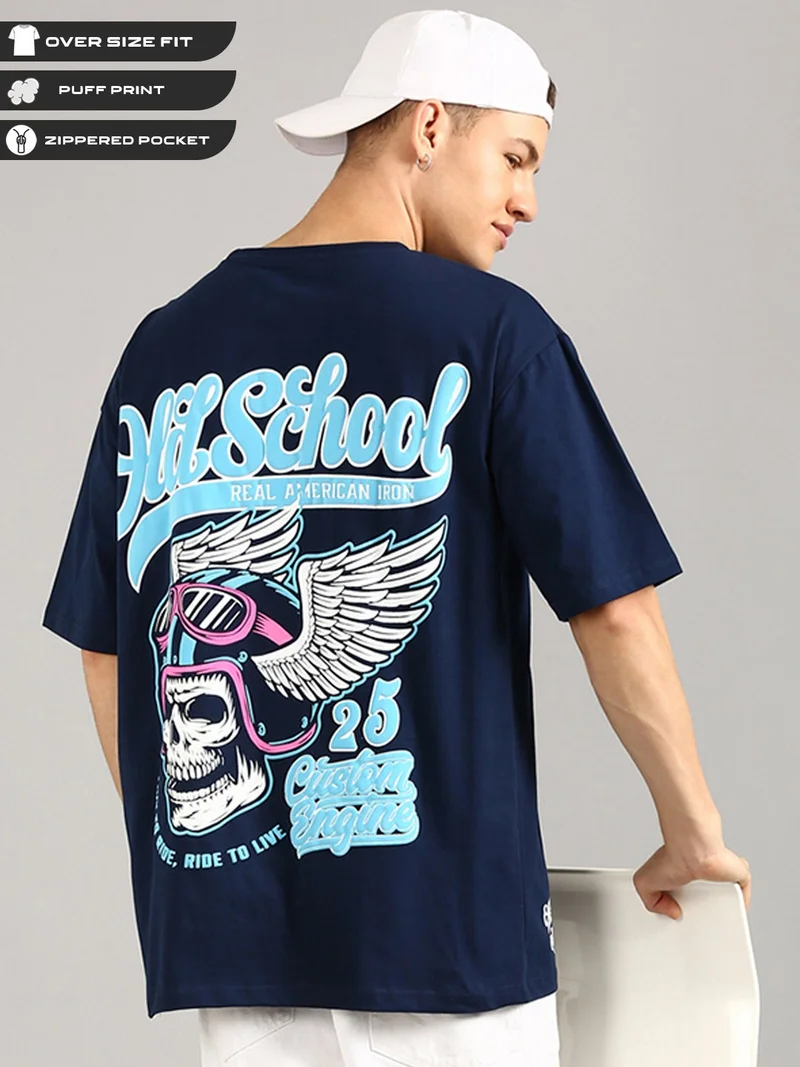 Joven Men Navy Blue Printed and Zipper Pocket Pure Cotton Oversized T-Shirt